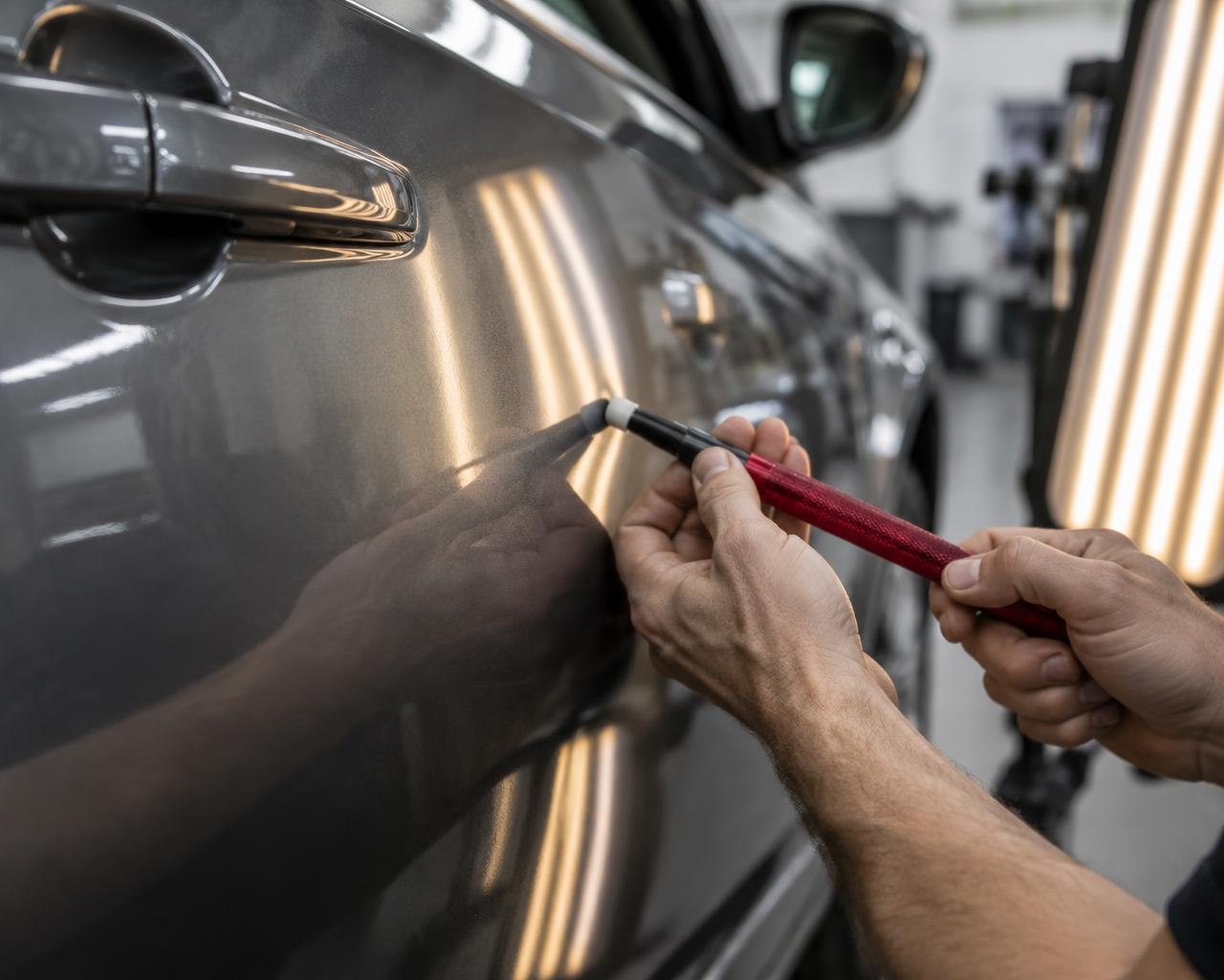 Precision paintless dent repair tools on a vehicle panel