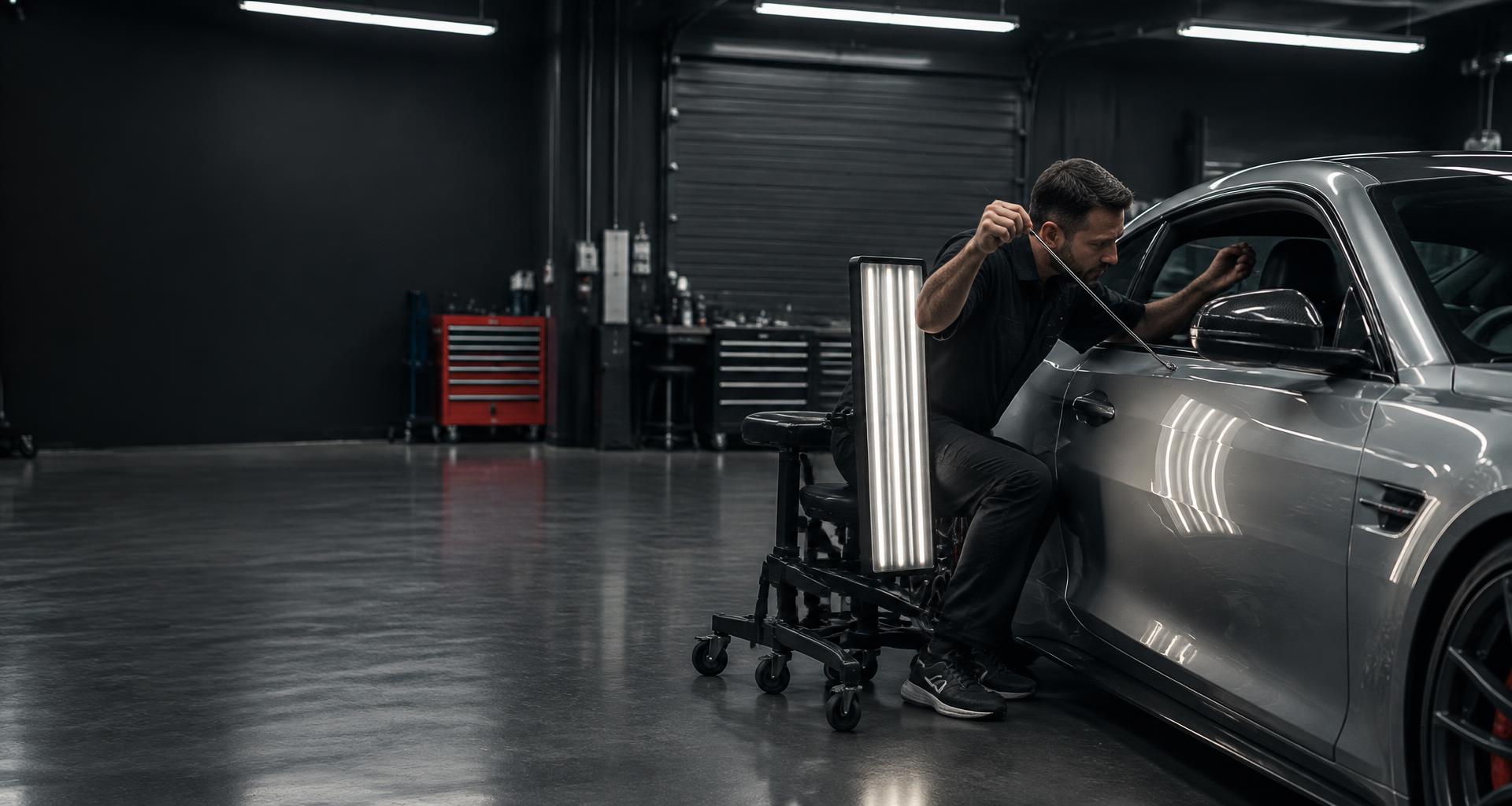 Illustrative PDR tools and vehicle inspection — not a Max Exteriors shop or technician
